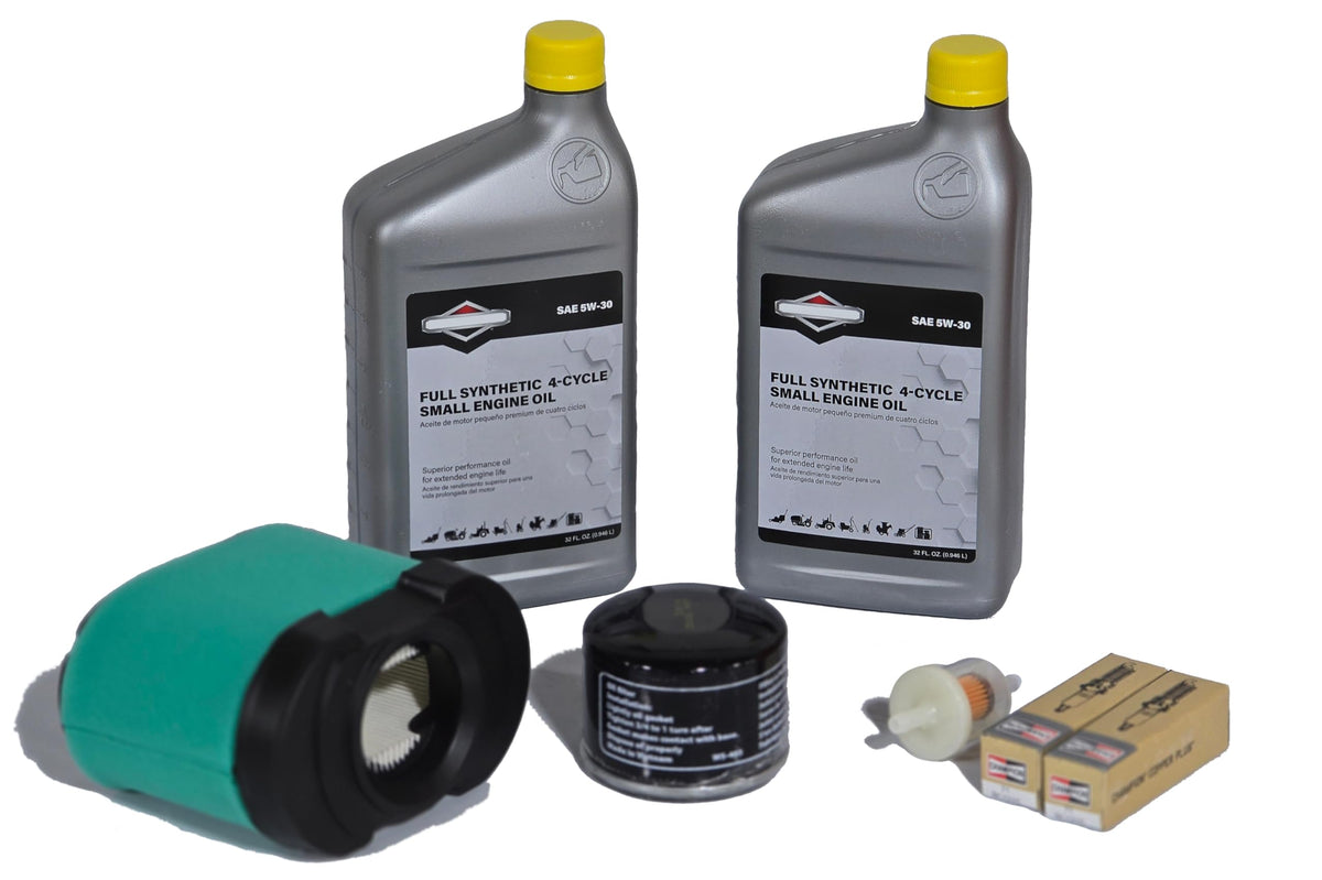 GL Tuneup Kit components laid out for Briggs V-Twin maintenance, including filters and spark plugs.