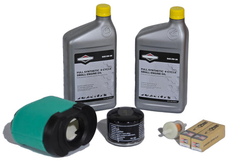 GL Tuneup Kit components laid out for Briggs V-Twin maintenance, including filters and spark plugs.