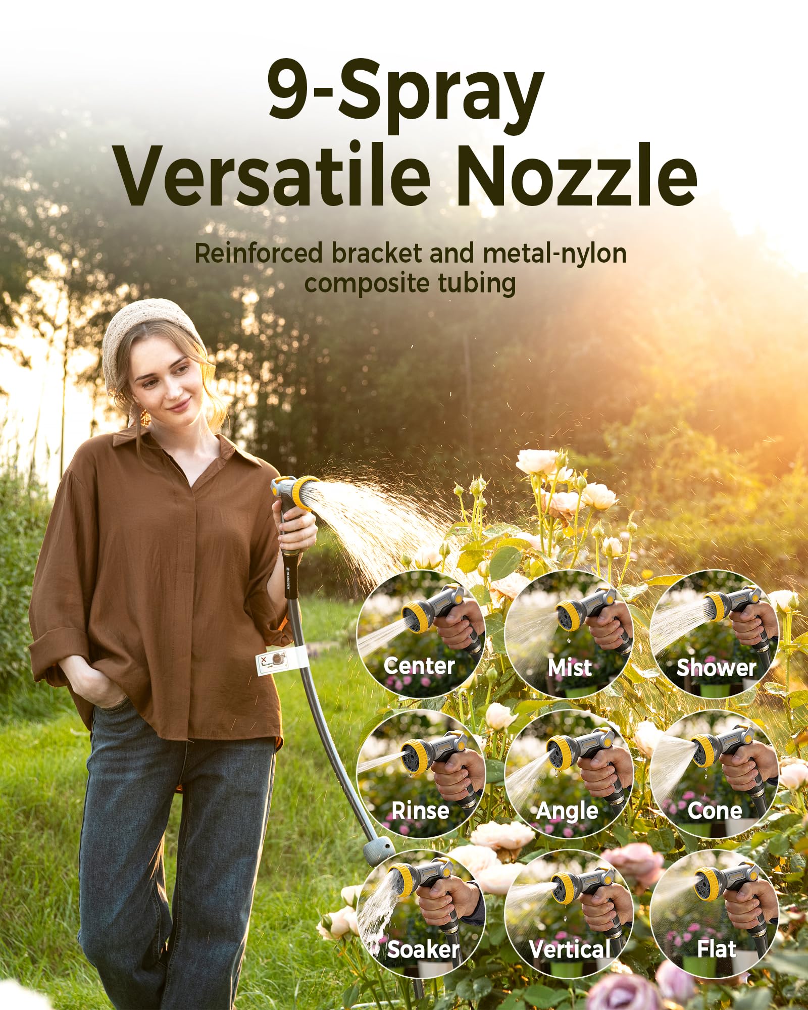 GLAHODEN 9-spray nozzle adapts to mist, jet, and cleaning tasks.