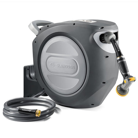 GLAHODEN retractable garden hose reel with 5/8 inch hose for efficient watering in small spaces.