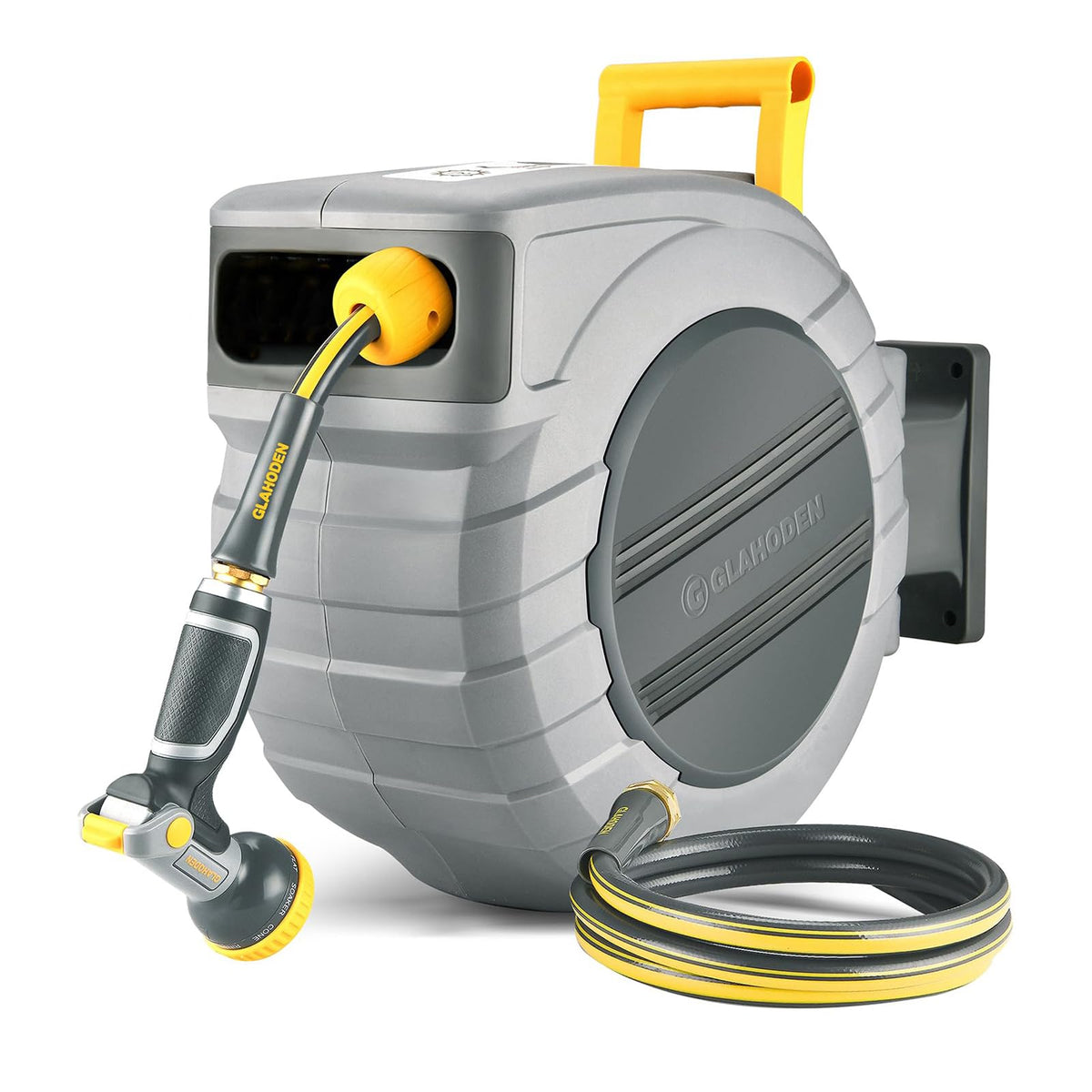 GLAHODEN retractable hose reel mounted on wall with a 100 ft hose for efficient watering