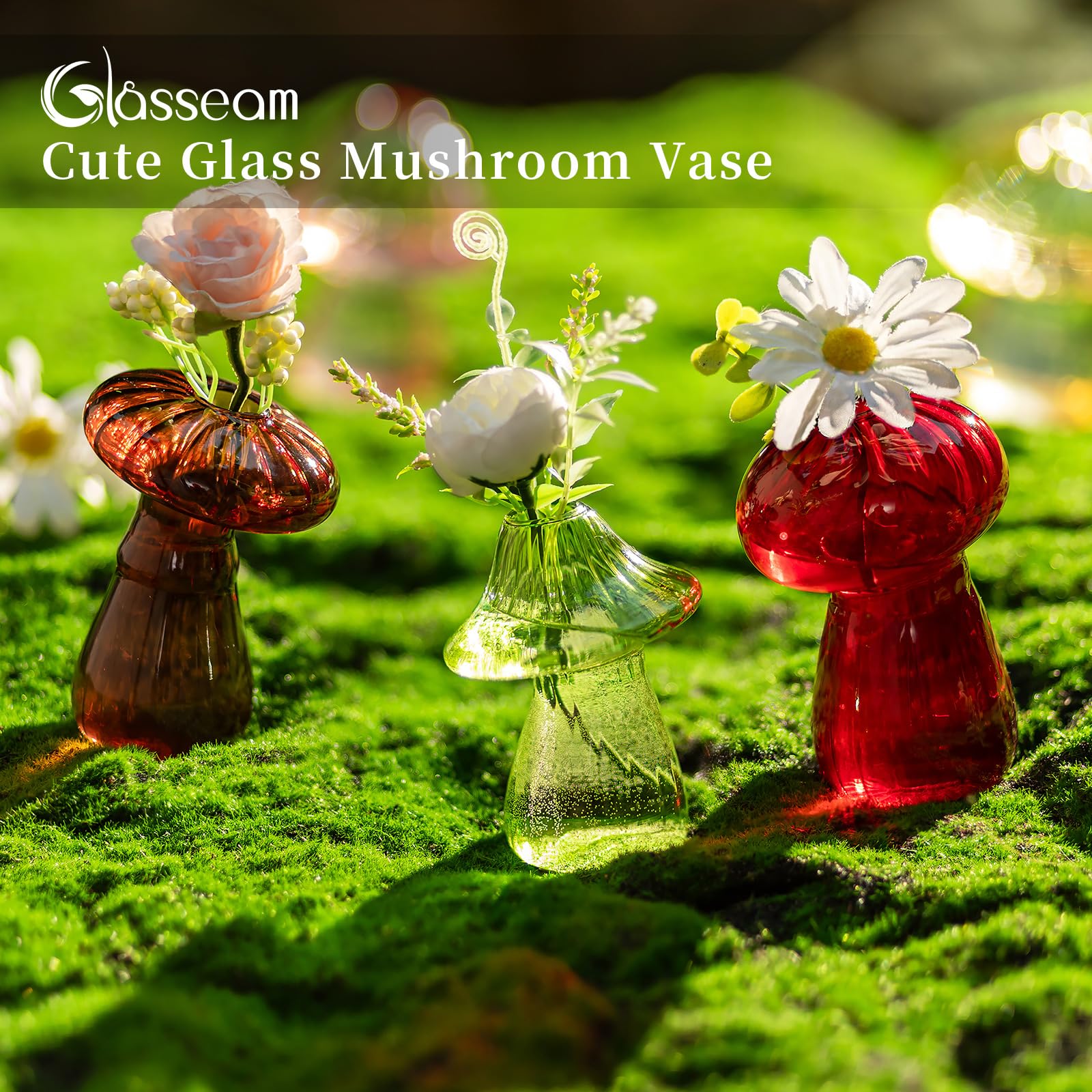 Glasseam colorful mushroom vase highlights glass color when light shines through