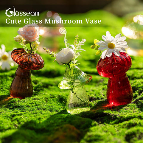 Glasseam colorful mushroom vase highlights glass color when light shines through