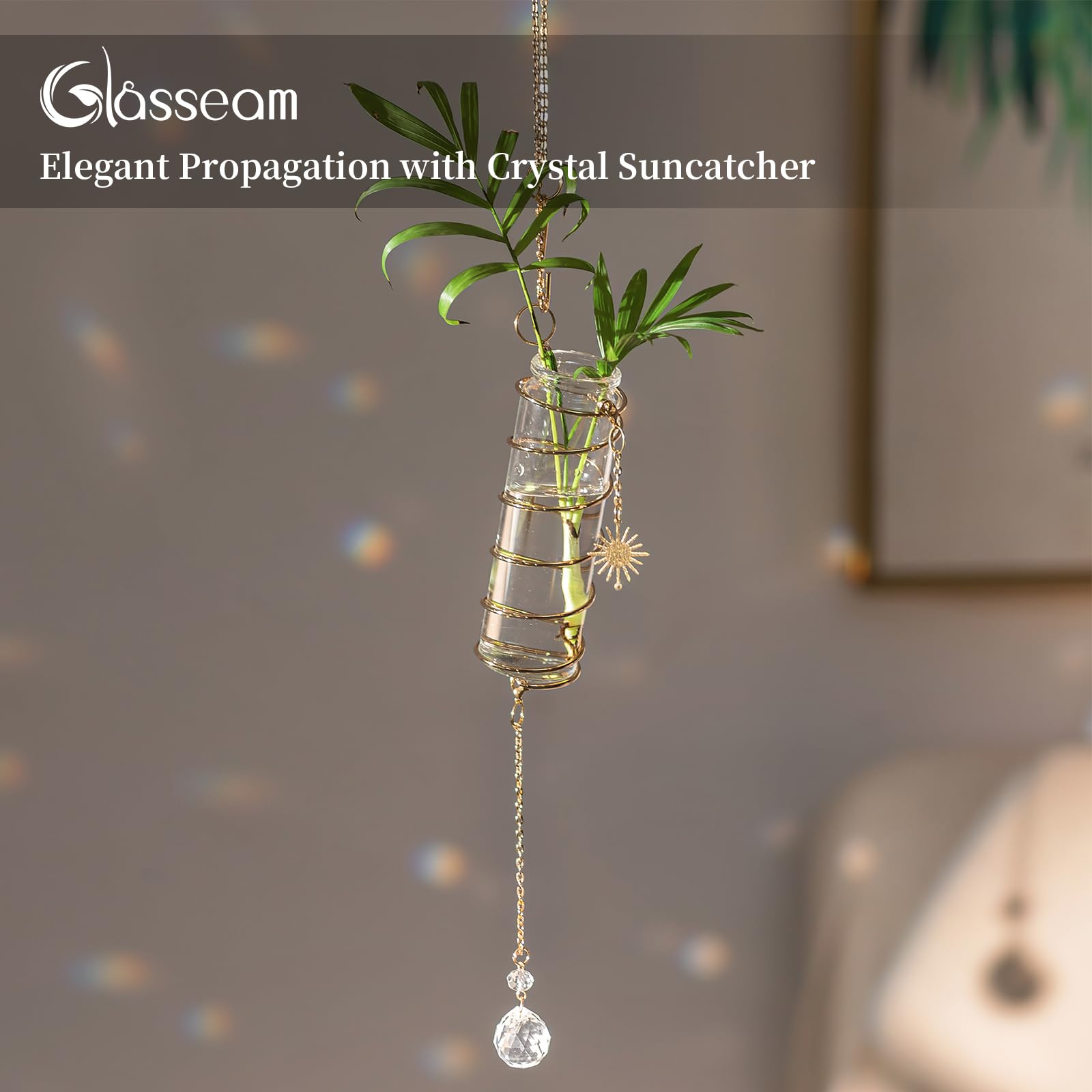 Glasseam crystal suncatcher creates vivid rainbows when sunlight hits the glass.