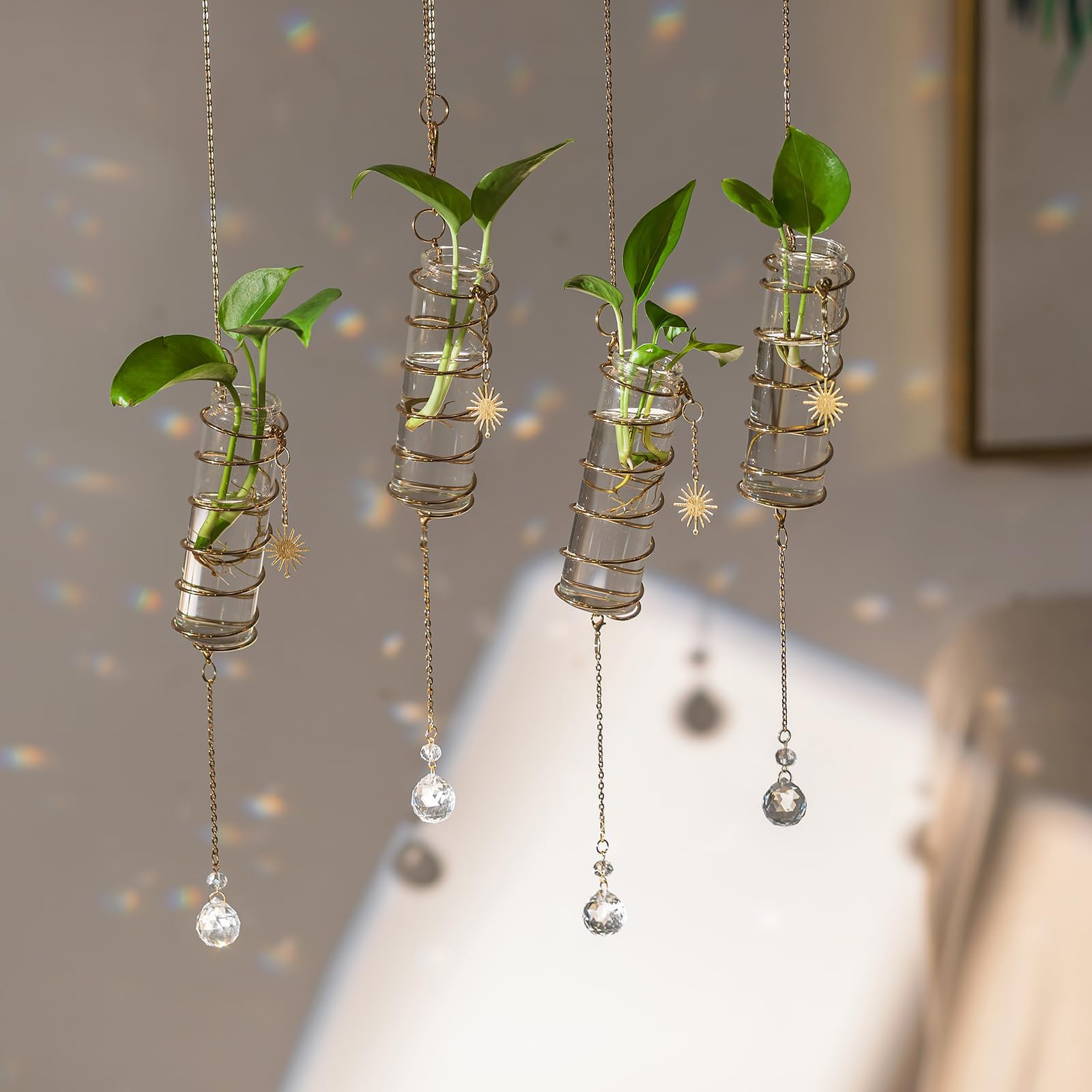 Glasseam hanging propagation station with chain and sun pendant for stylish plant propagation.
