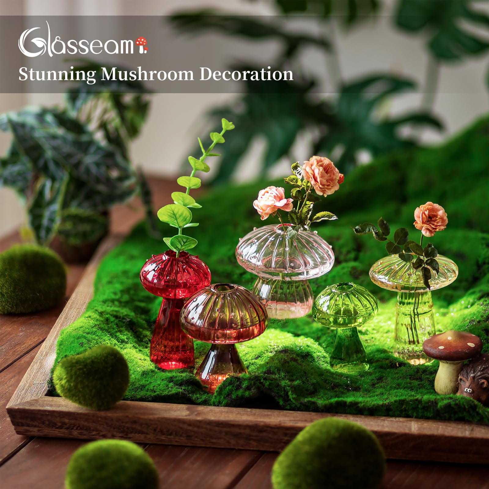 Glasseam mushroom glass planter showcases varied shapes and colors for natural decor