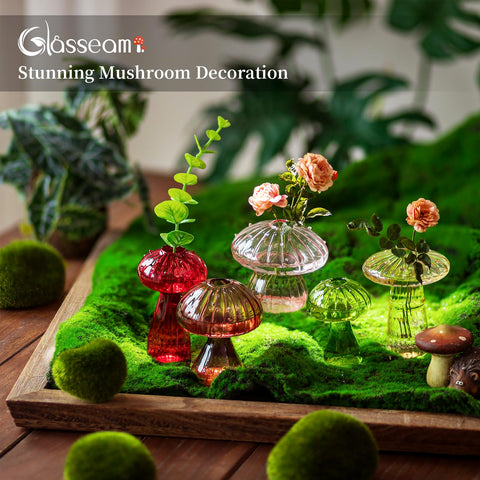 Glasseam mushroom glass planter showcases varied shapes and colors for natural decor