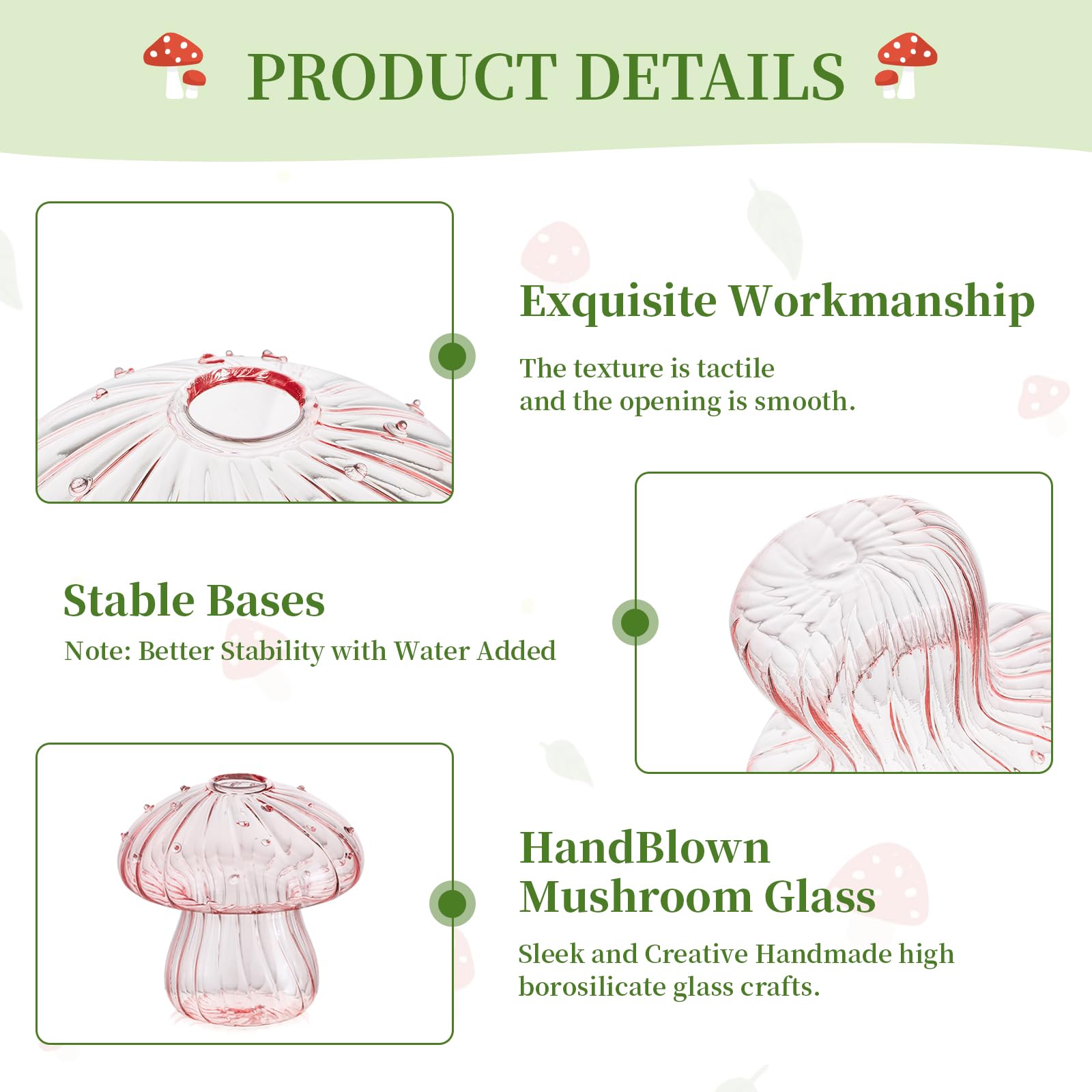 Glasseam mushroom glass planter with wider base provides stable display on shelves
