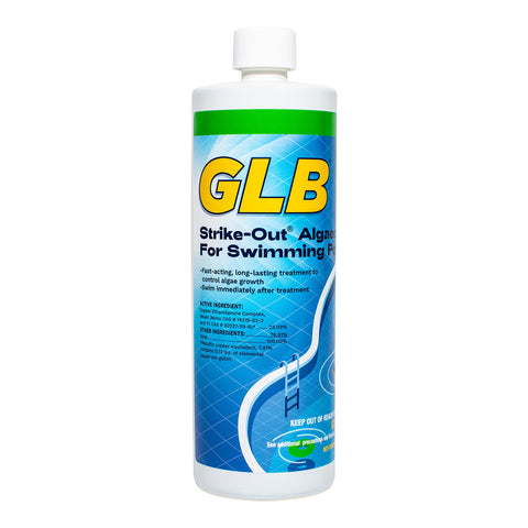 GLB Strike Out Algaecide bottle controls pool algae for clearer water