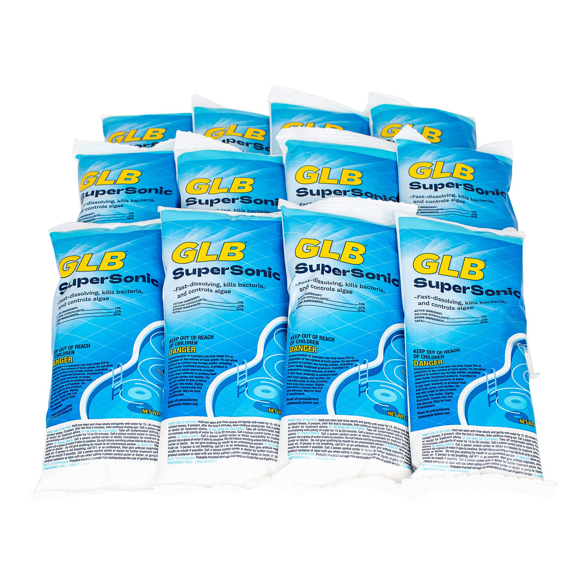 GLB Supersonic bottle pour showing fast-dissolving granules for pool sanitation