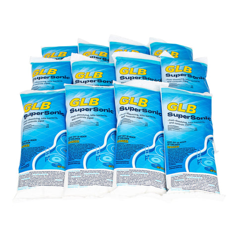 GLB Supersonic bottle pour showing fast-dissolving granules for pool sanitation