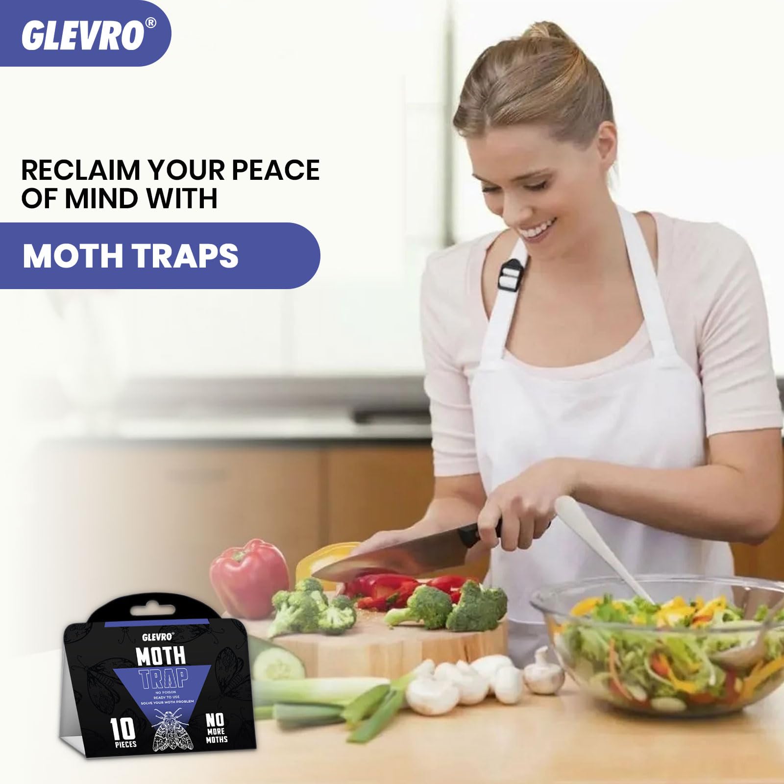 GLEVRO pheromone trap next to pet food cabinet for early detection.