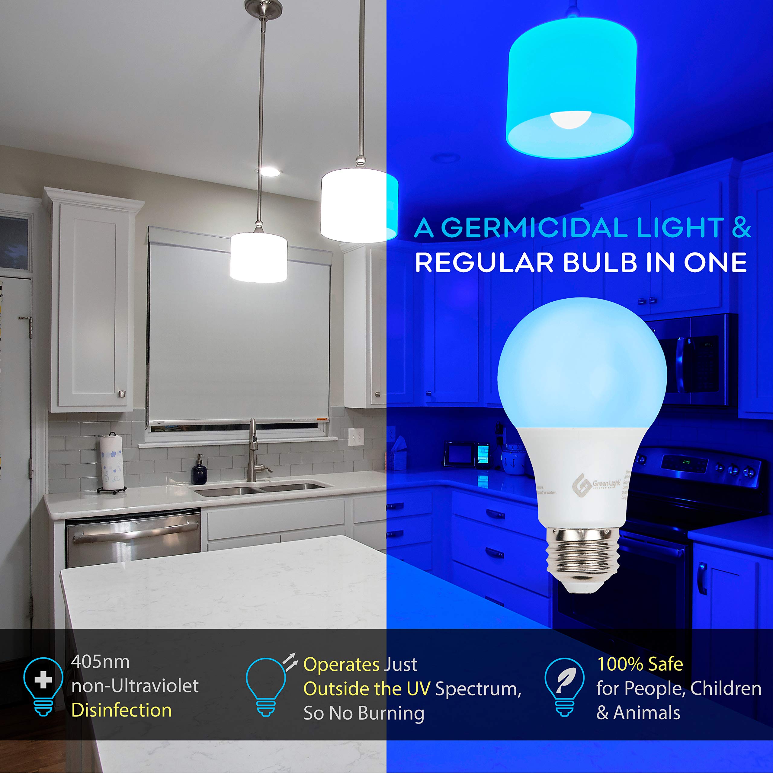 GLI bulb shown as safe for kids and pets with non-UV spectrum.