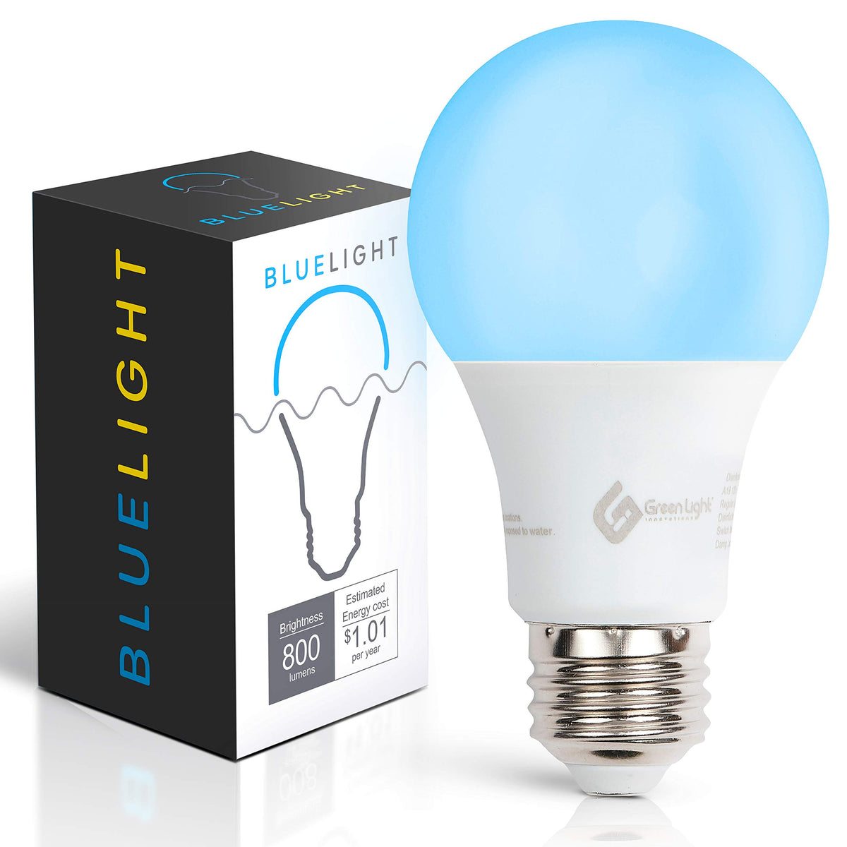 Green Light Innovations GLI blue light bulb in standard mode delivering bright 800 lumens.