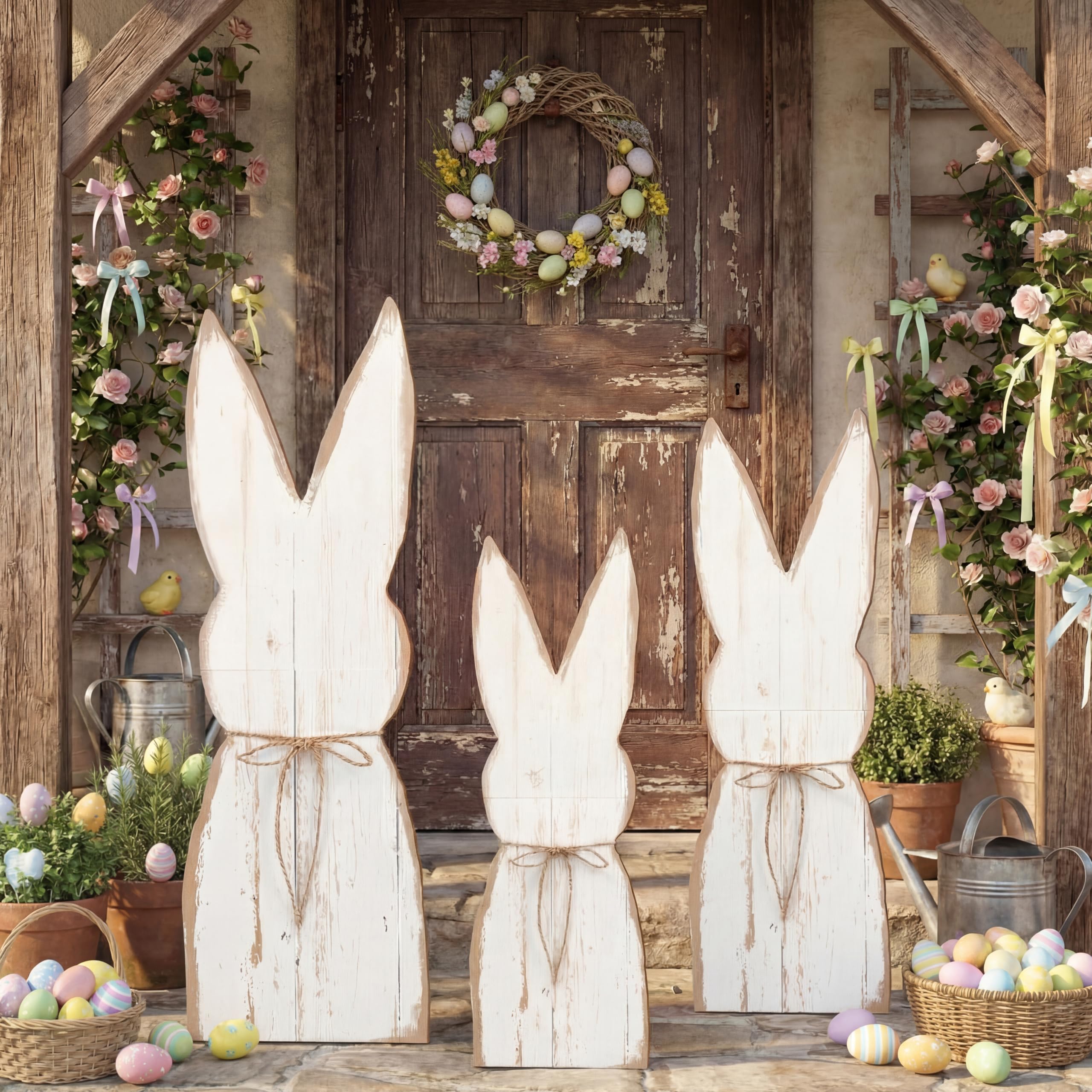 GlikCeil Easter bunny decor on wooden base in three sizes for porch display.