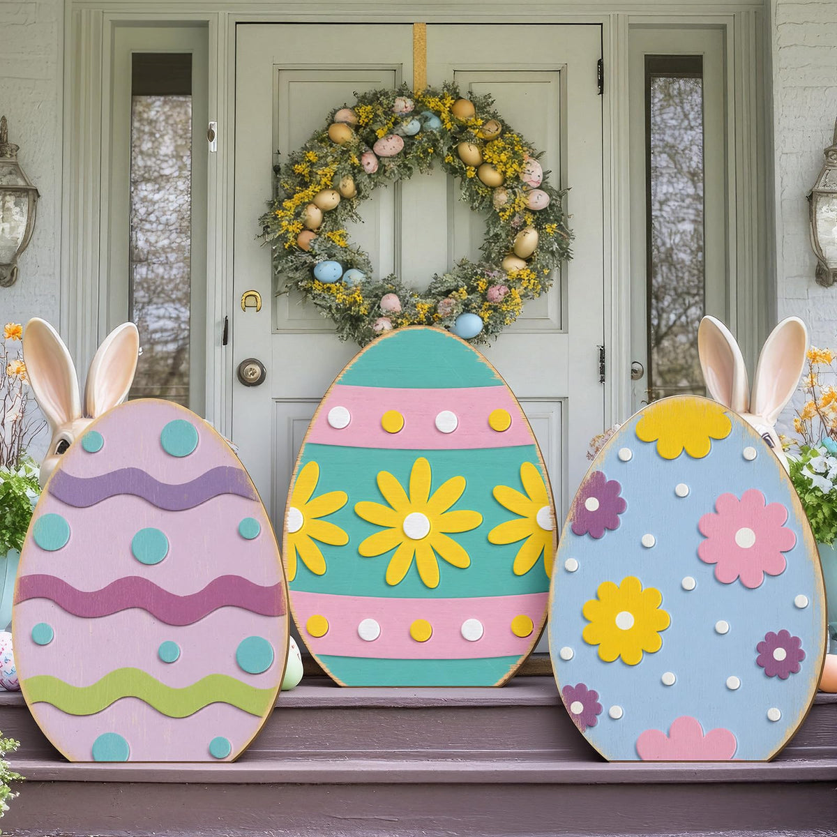 GlikCeil Easter egg sign 3pcs porch decor enhances outdoor curb appeal.
