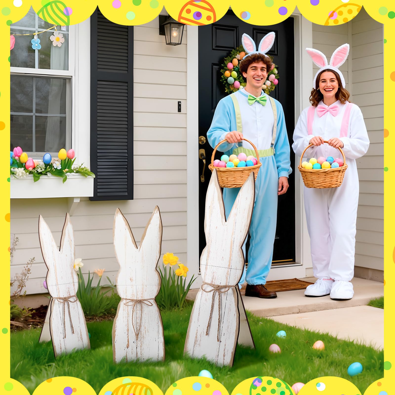 GlikCeil white wooden bunny decor with rustic charm for indoor or outdoor use.