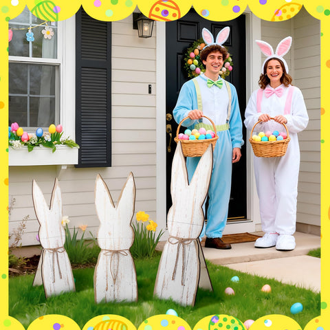 GlikCeil white wooden bunny decor with rustic charm for indoor or outdoor use.