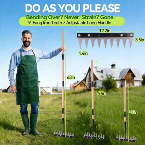 GlimHirVox Gardenia rake with adjustable-length handle for comfortable upright weeding.