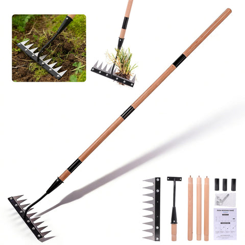 GlimHirVox Gardenia iron weeding rake with 9 tines for deep weed removal.
