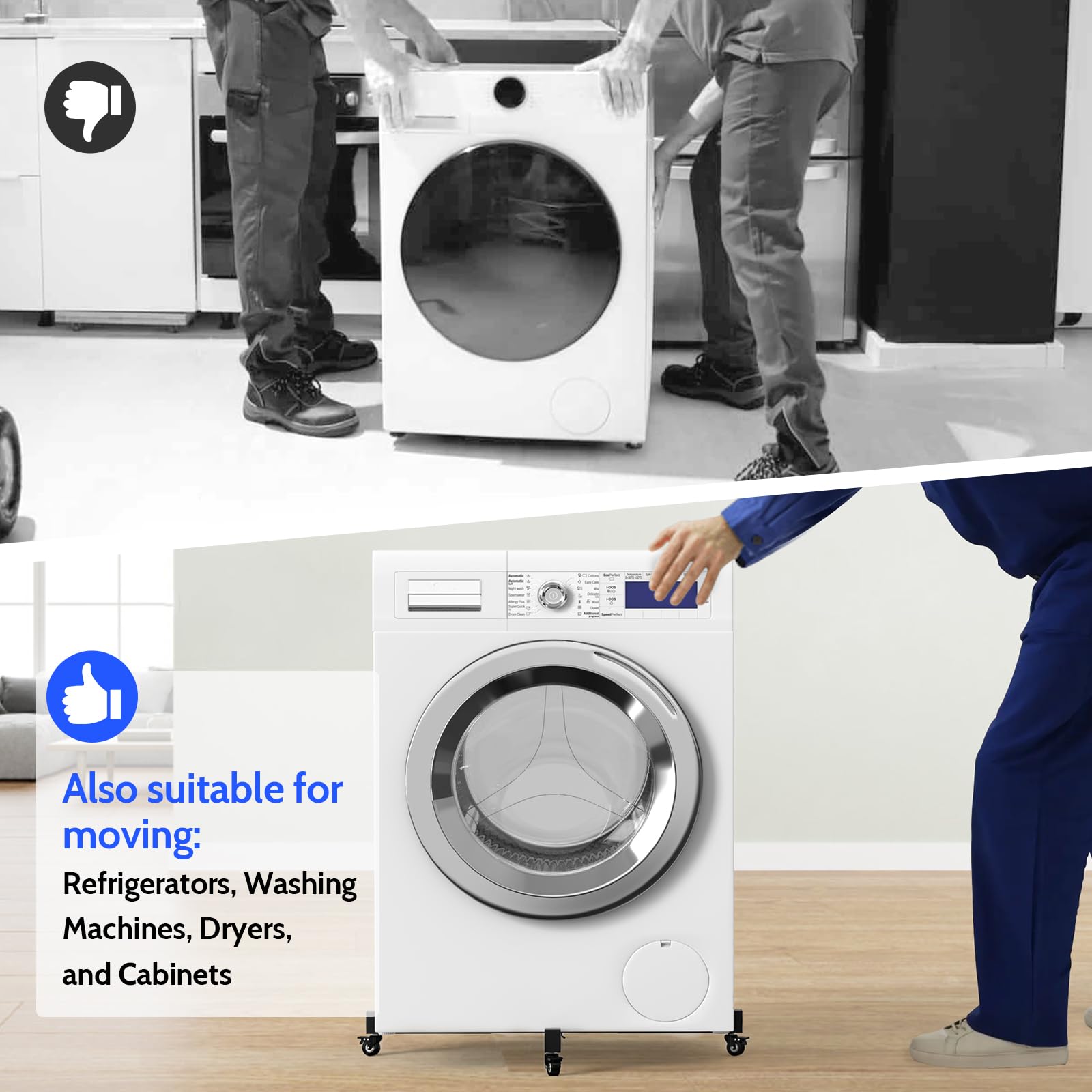 One mover handles refrigerators, washers, dryers, and cabinets.