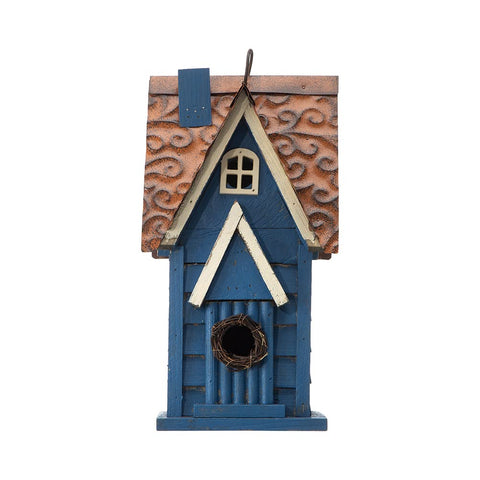 Glitzhome bird house back panel in blue enabling quick seasonal cleaning.