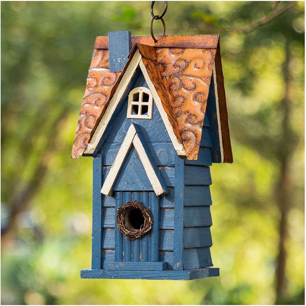 Glitzhome bird house front view in blue showing durable outdoor-ready design.