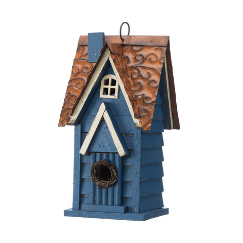 Glitzhome bird house garden setup in blue blending with greenery.