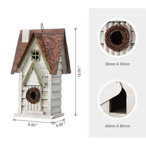 Glitzhome bird house with metal roof support for durability.