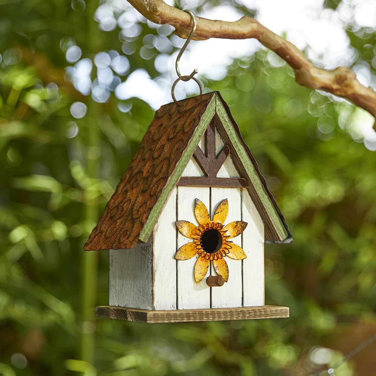 Glitzhome outdoor blue cottage bird house attracts small birds to the garden