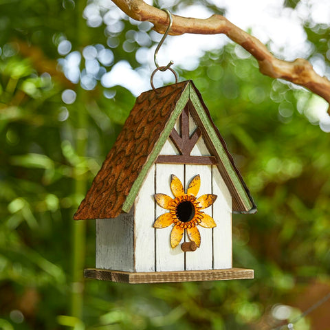 Glitzhome outdoor blue cottage bird house attracts small birds to the garden