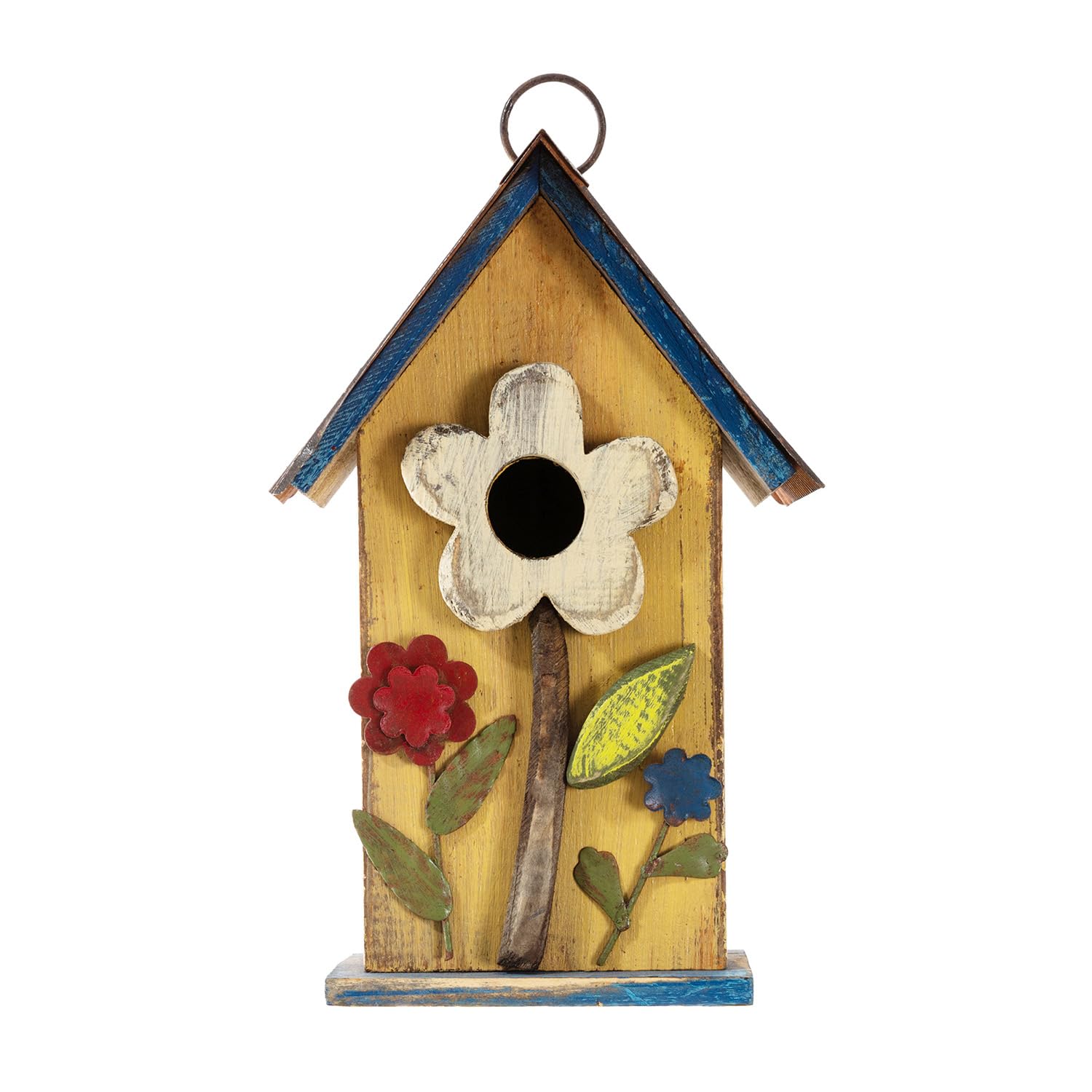 Glitzhome bird house exterior with a textured metal roof provides durable outdoor shelter for visiting birds.
