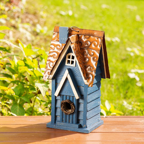 Glitzhome bird house roof-detail in blue emphasizing sturdy construction.