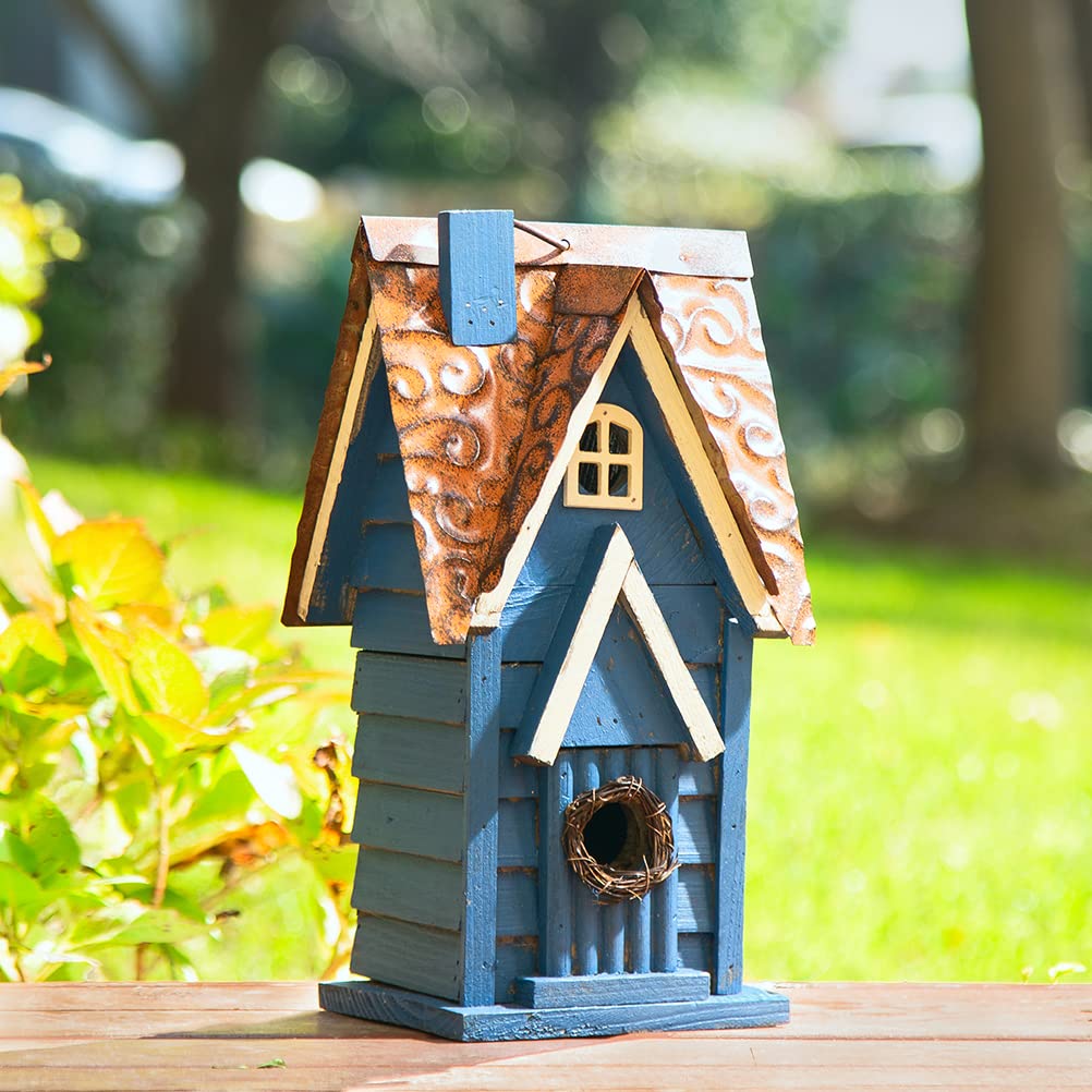 Glitzhome bird house side view in blue highlighting rustic garden charm.