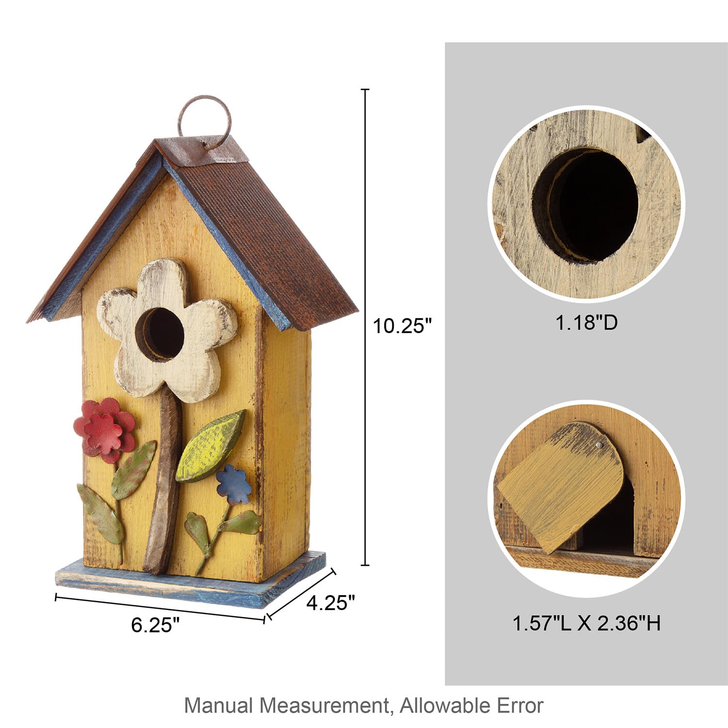 Glitzhome bird house with yellow flower 3D pattern adds charm as a garden focal point.
