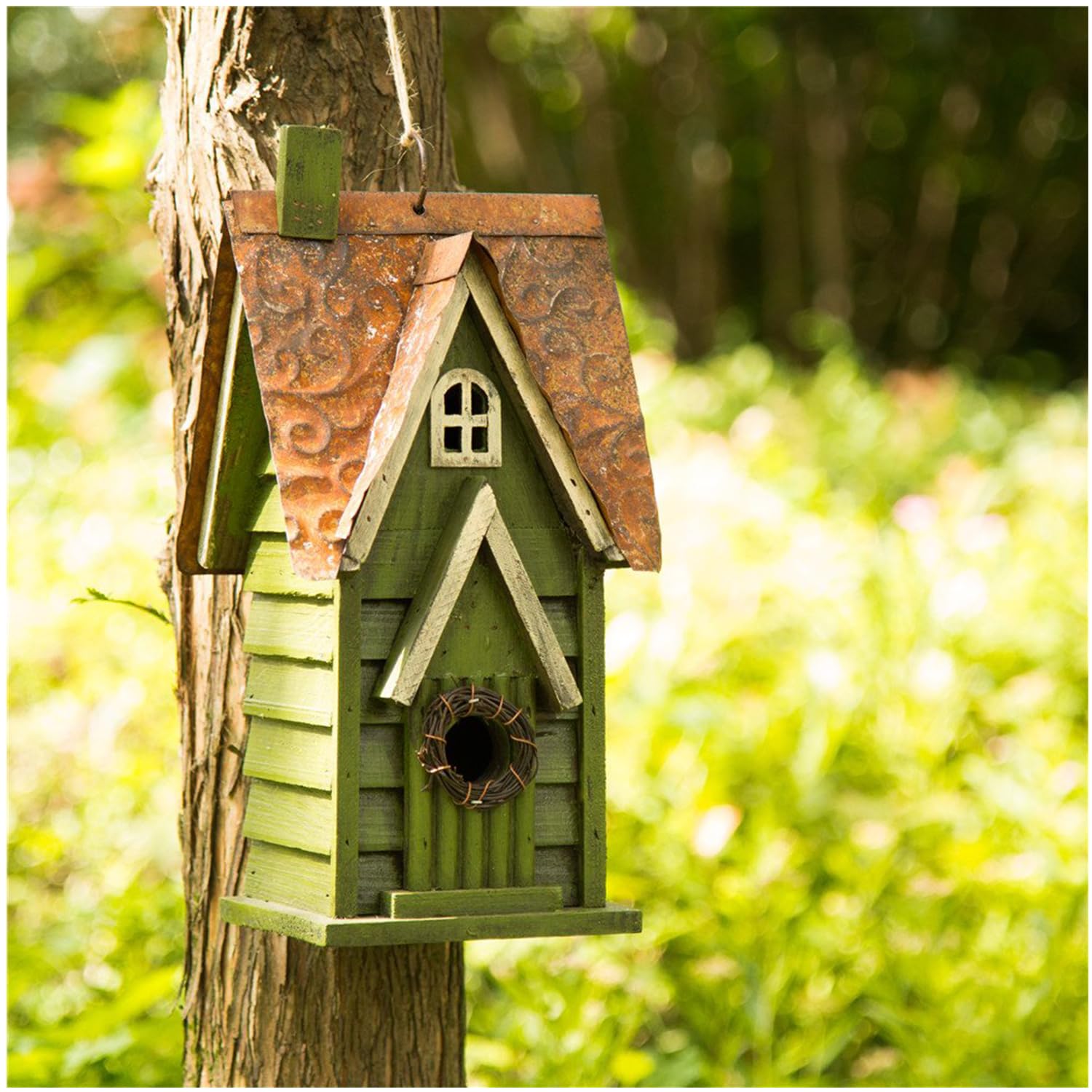 Glitzhome green distressed wood bird house roof detail enhances rustic garden aesthetics