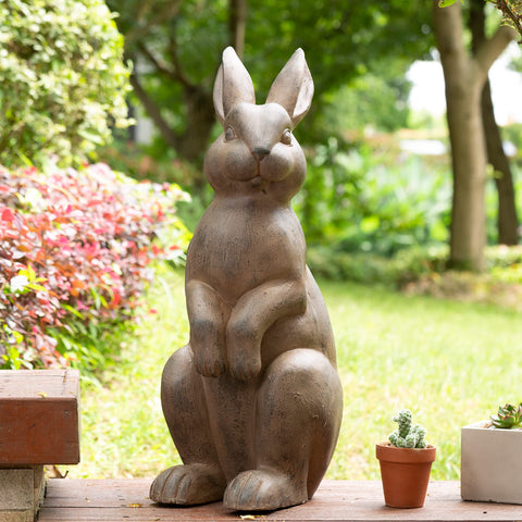 Glitzhome rabbit garden statue front view highlights timeless bronze finish for outdoor spaces.