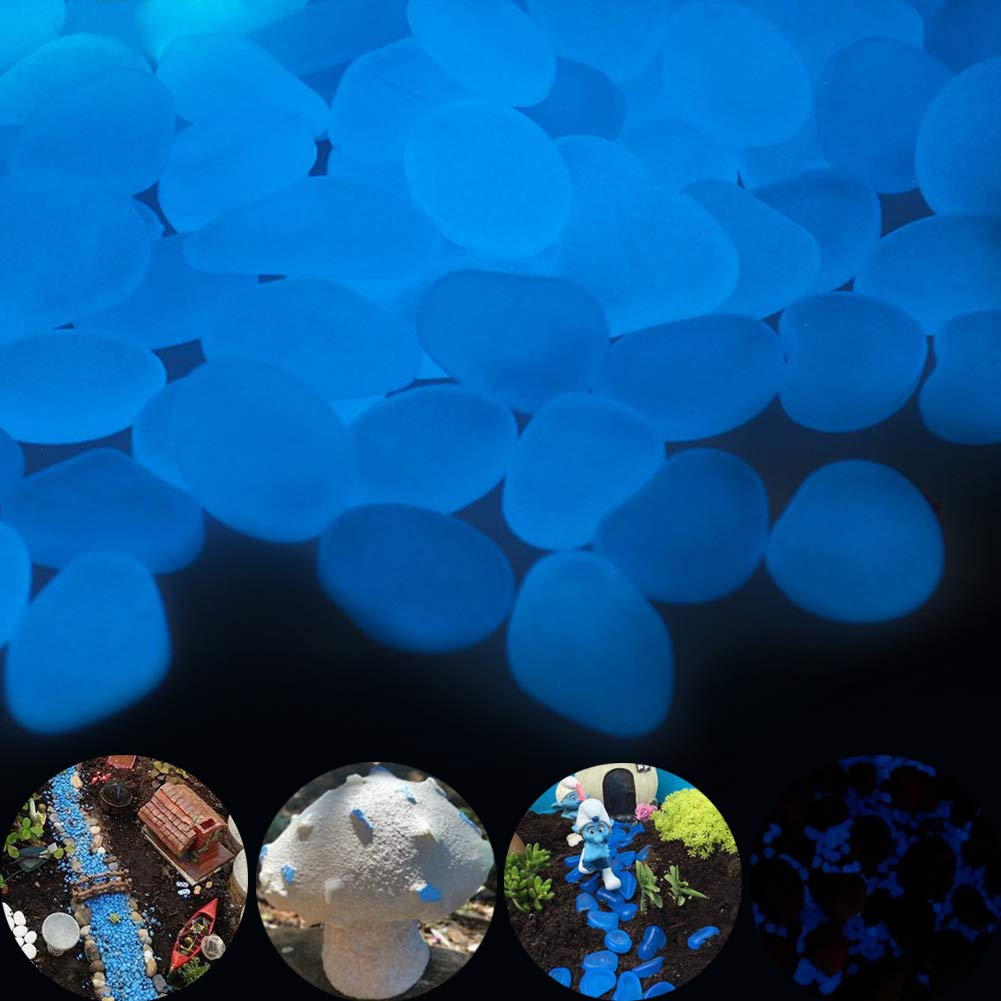 GLOCARNIVAL blue glow pebbles illuminate garden paths at night.