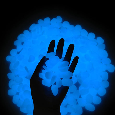GLOCARNIVAL Glow Pebbles package shows 300 blue stones for outdoor decorating with long-lasting glow.