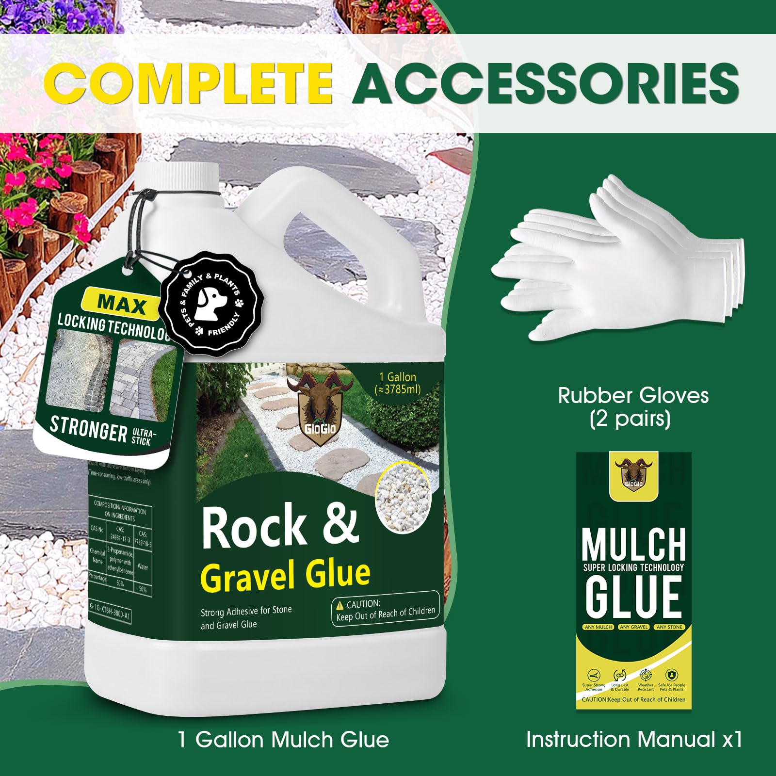 GloGlo mulch adhesive secures wood chips and pine straw for tidy garden beds.