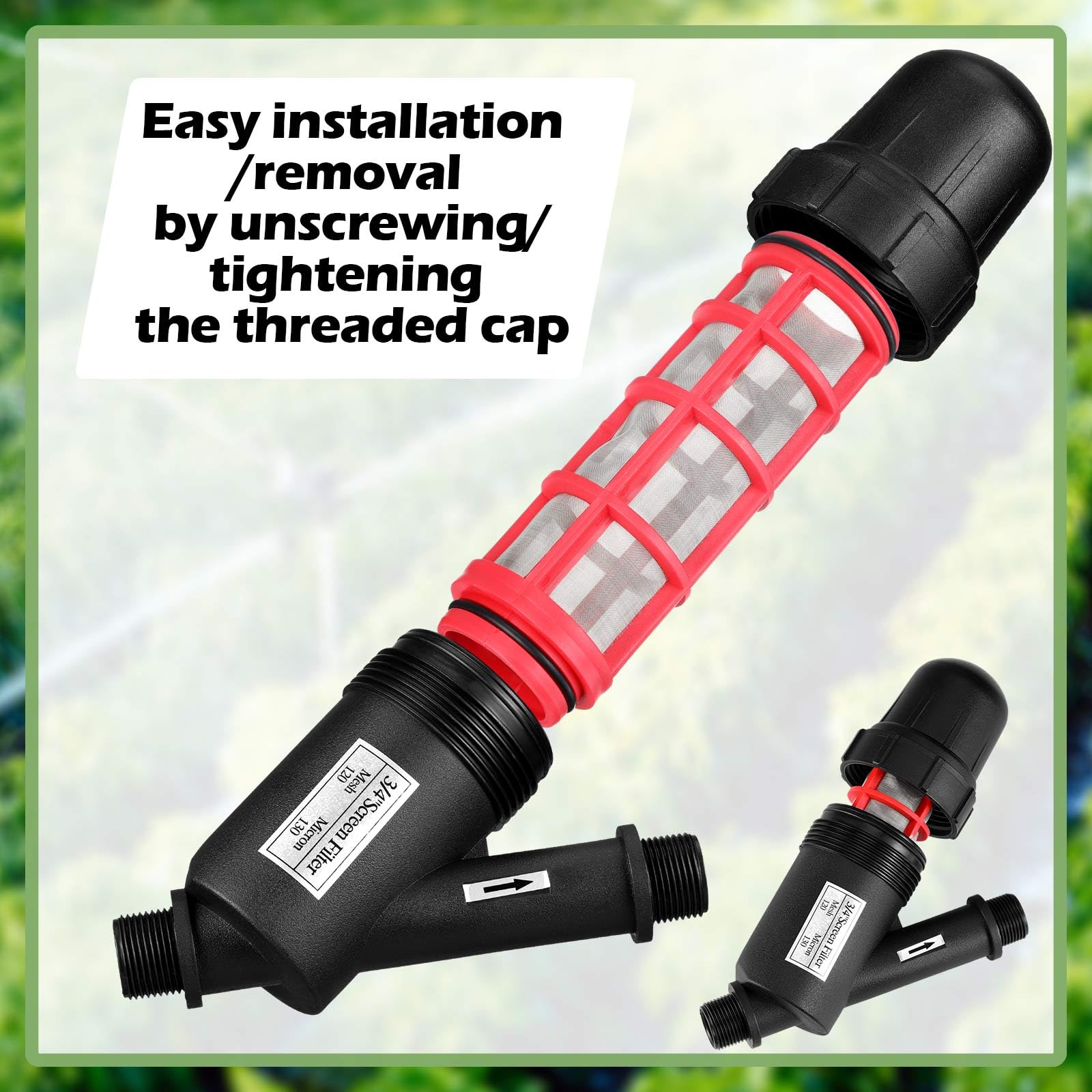 Glooglitter filtration system setup in an inline irrigation line.
