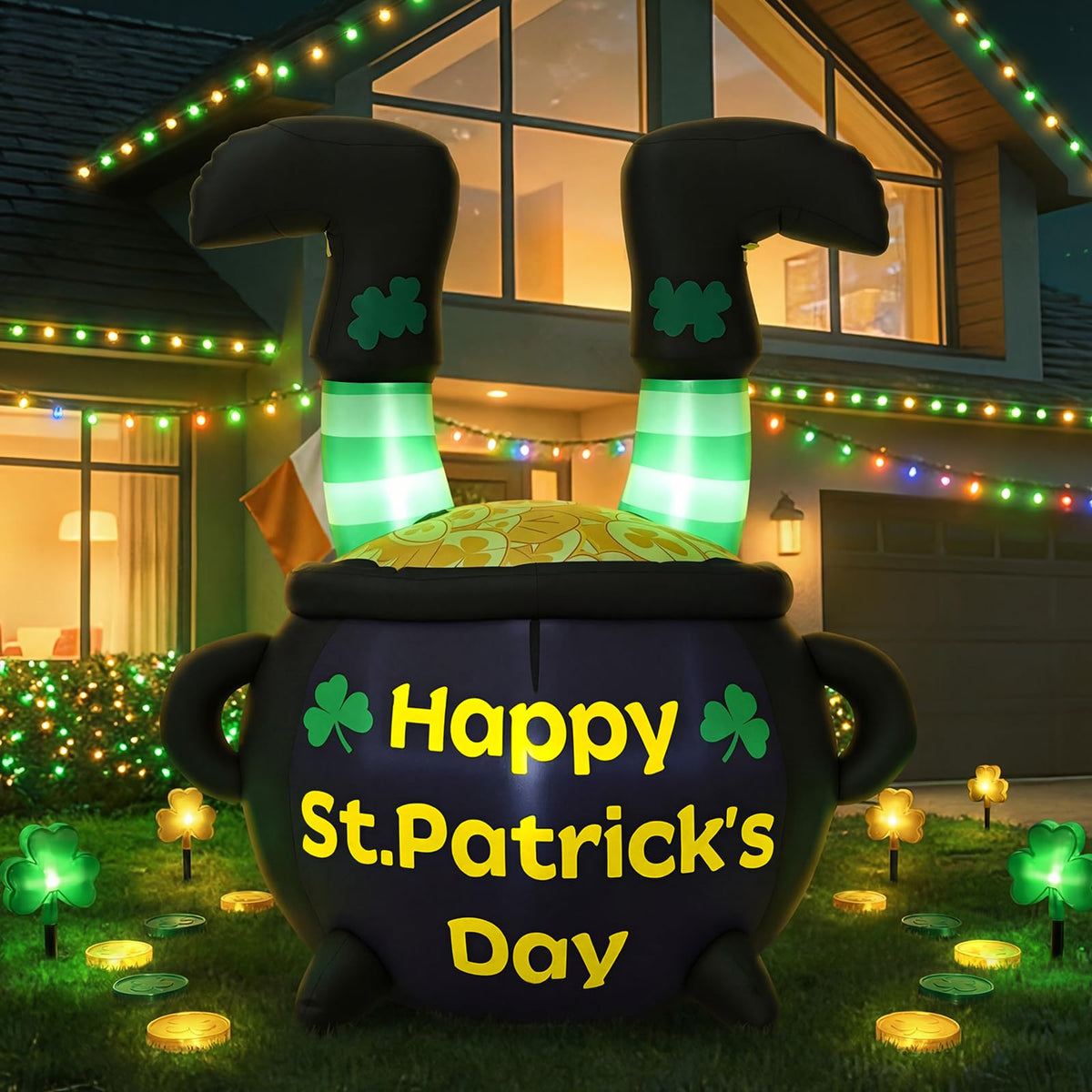 Glooglitter leprechaun in cauldron 4ft inflatable brightens yard for St. Patrick's Day.