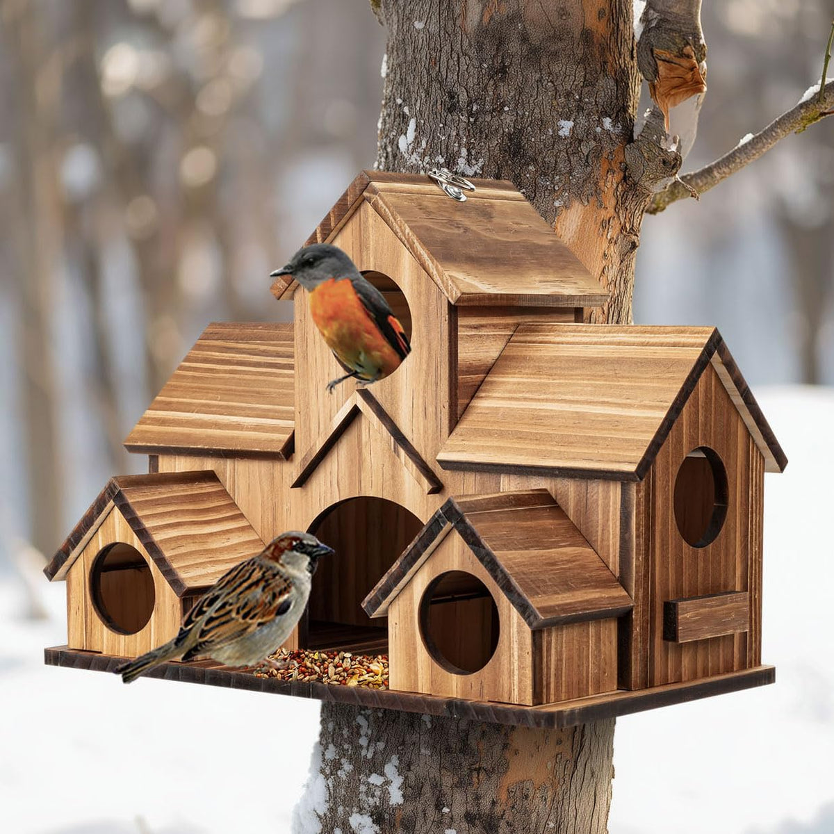 GLOPHOK five-hole cedar birdhouse in outdoor garden attracts nesting birds