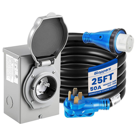 Gloppers 50A generator cord with 25-foot length for outdoor power access