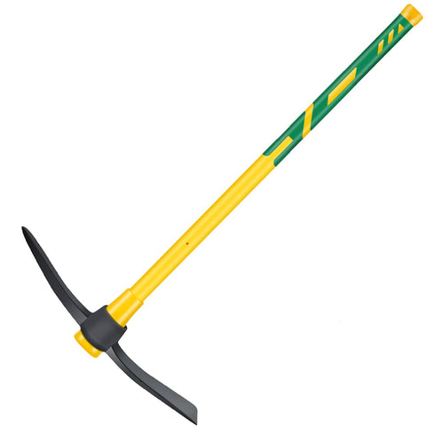 glorousamc heavy duty mattock with 36-inch yellow fiberglass handle for soil breaking.