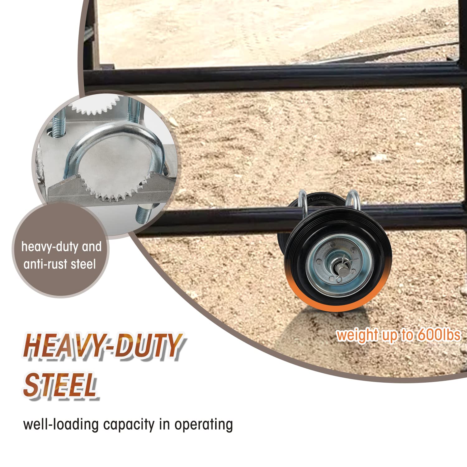 Glosaie gate wheel frame fitment view showing 1-3/8 to 1-7/8 inch compatibility.