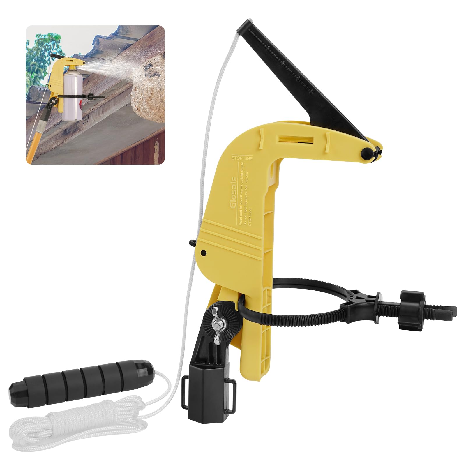 Glosaie spray can extension pole adaptor attached for high-reach spraying.
