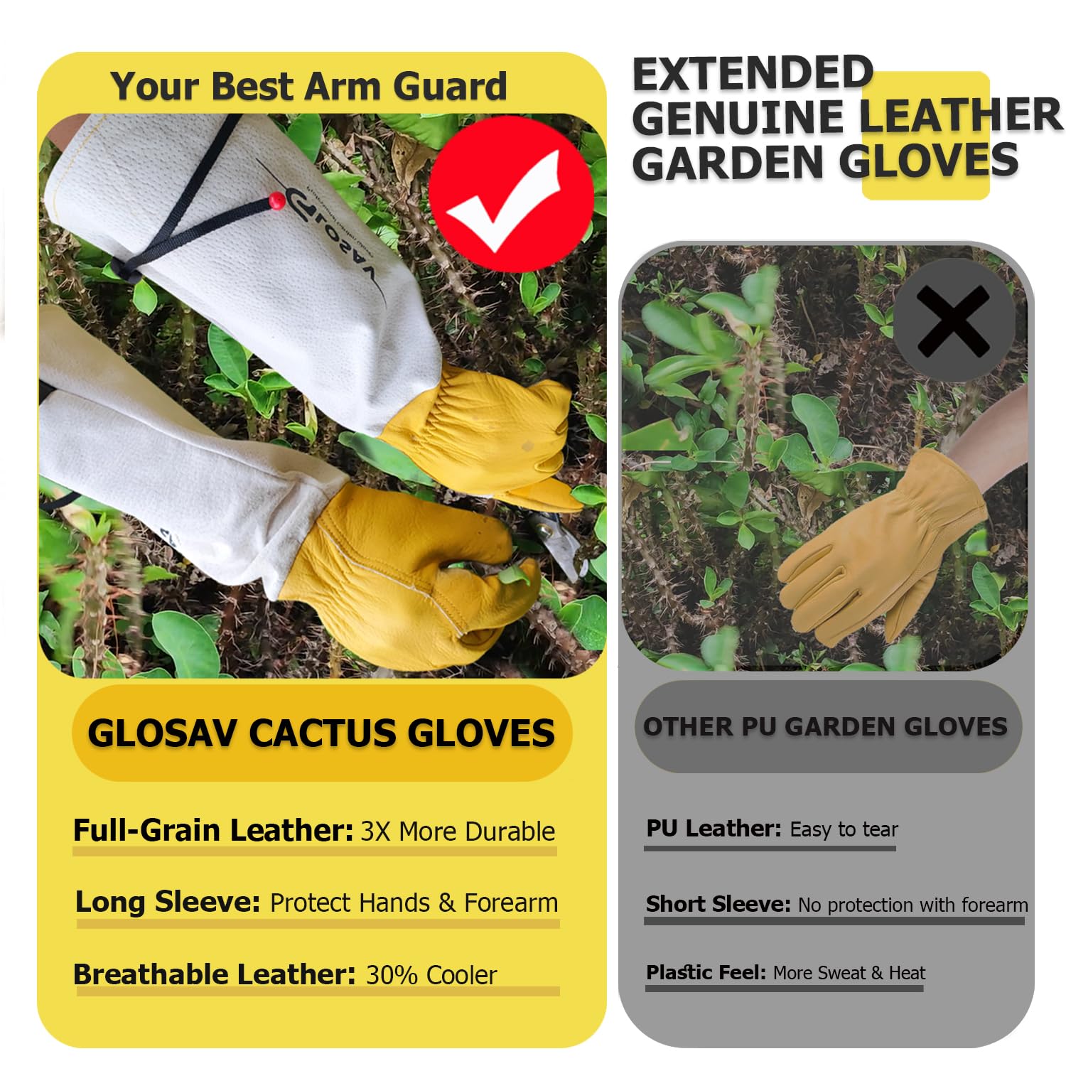 GLOSAV breathable pigskin cuff keeps hands cool while cactus trimming