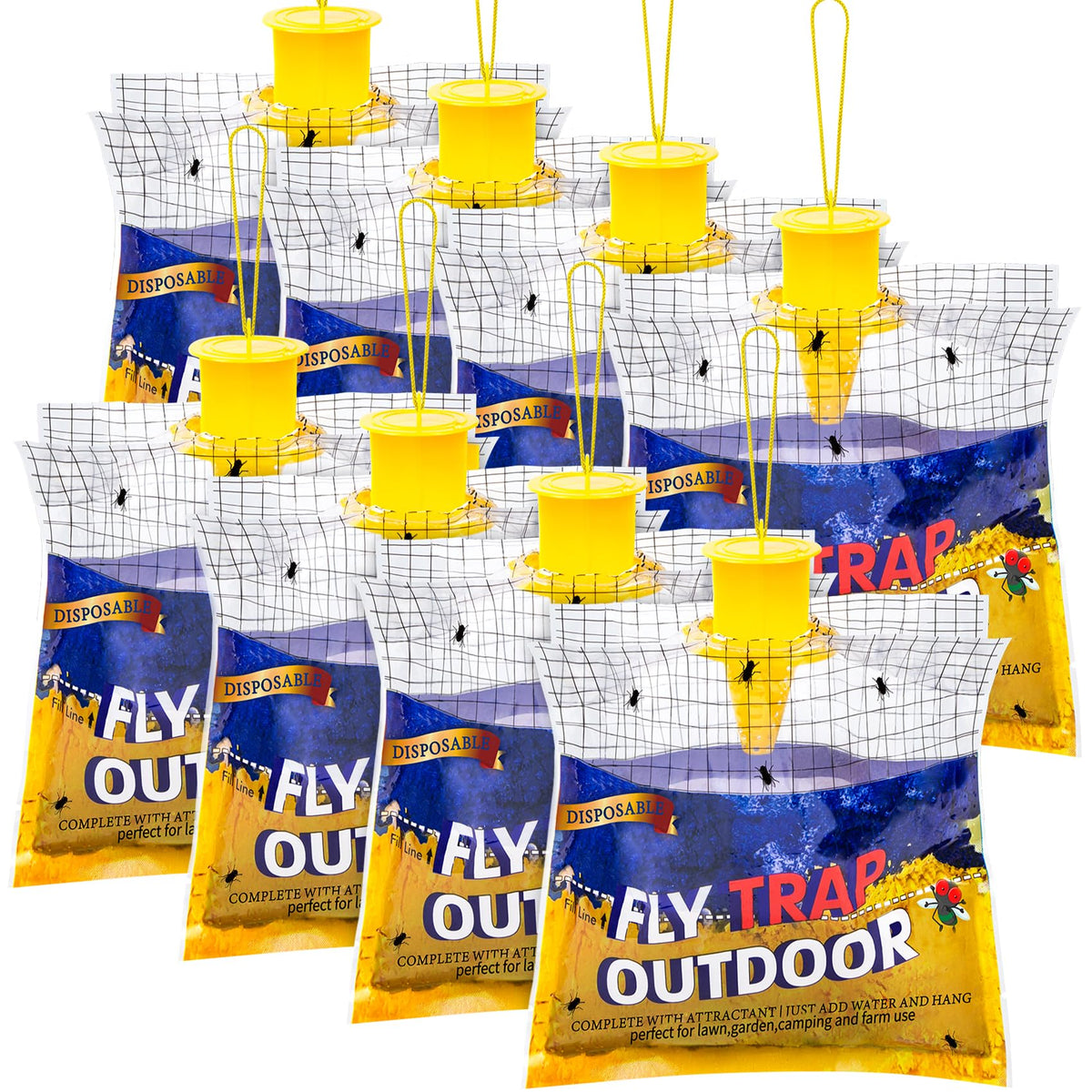 Glovv disposable fly traps hanging bags attract flies with color bait and weather shield.