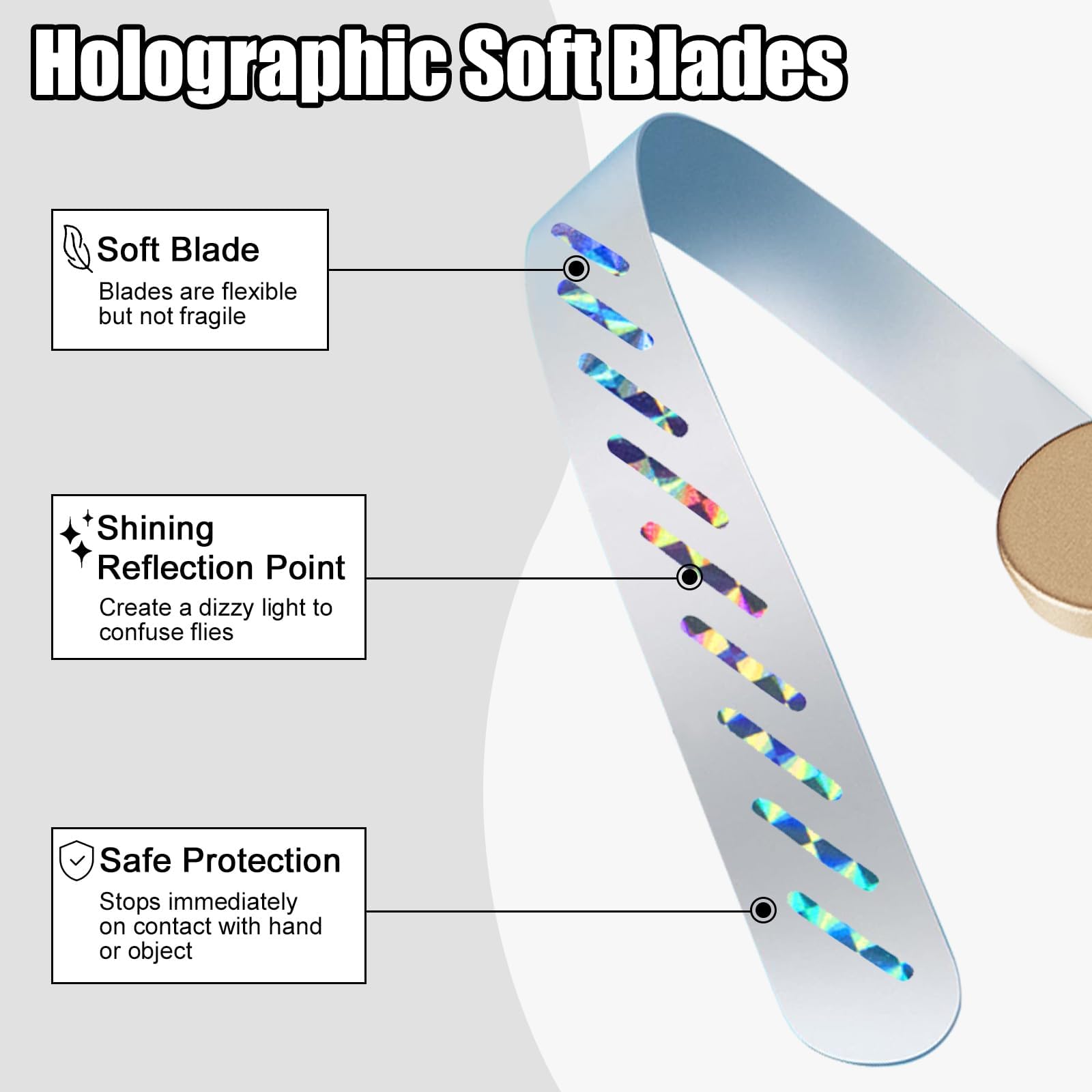 Glovv Fly Fans blades with reflective strips for visual deterrence.